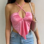 ROPA0051 Top espalda descubirta corte V satin rosa ropa mayorista fabricantes